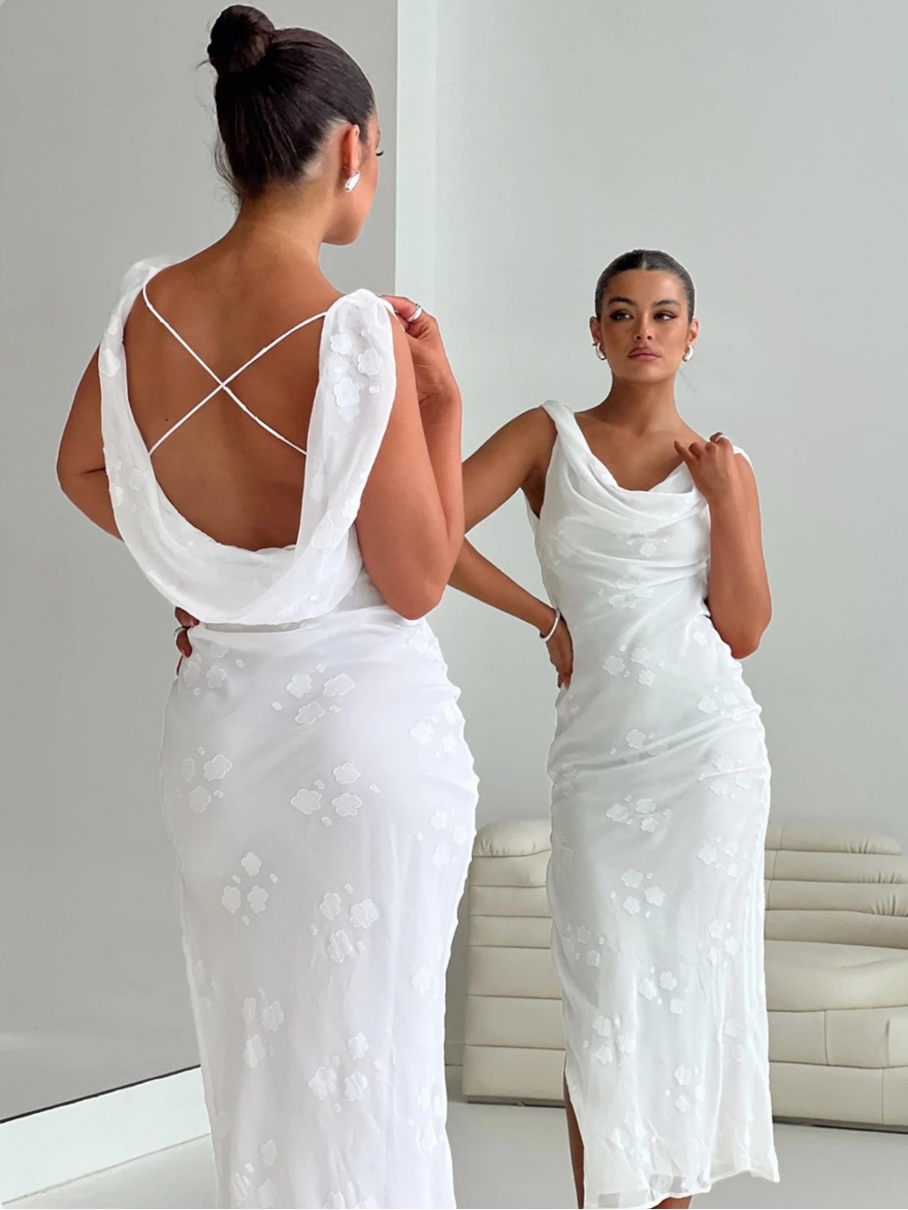 Princess Polly White Cowl-Back Floral Maxi Dress